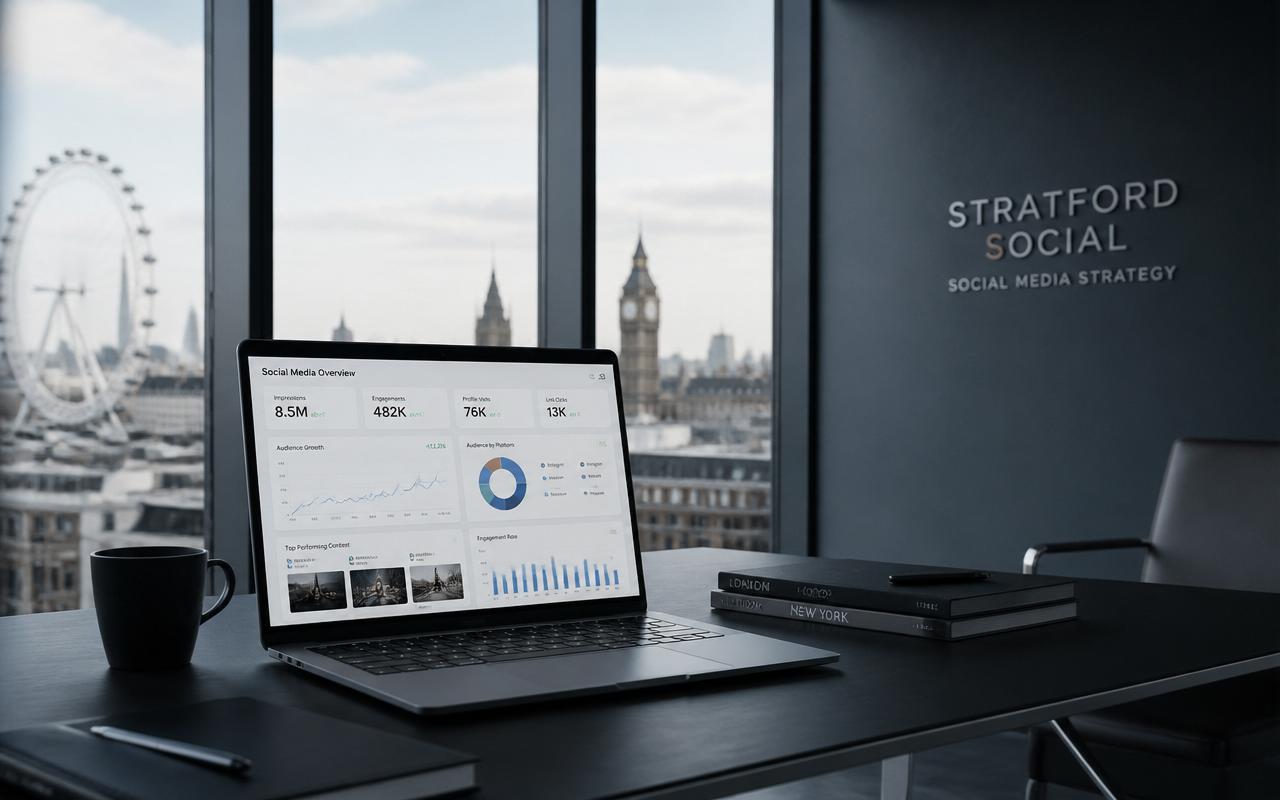 Modern workspace with social media analytics on a laptop